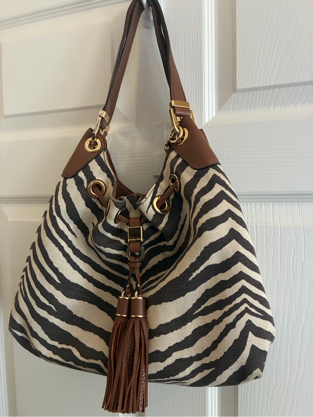 Michael Kors Zebra-Print Canvas Hobo with Brown Leather Trim